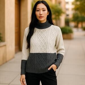 ORLY Gray Colorblock Angora Long Turtleneck Pullover Sweater ~ Women's SMALL